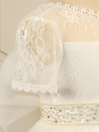 フラワーガールドレスコットンブレンドフリルジュエルネック半袖ホワイト