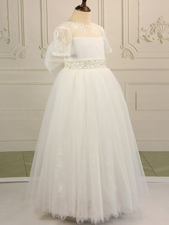 フラワーガールドレスコットンブレンドフリルジュエルネック半袖ホワイト