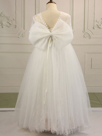 フラワーガールドレスコットンブレンドフリルジュエルネック半袖ホワイト