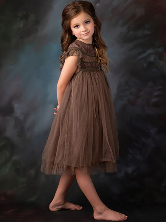 フラワーガールドレスコットンブレンドカットアウトデザインネックラインノースリーブブラウン