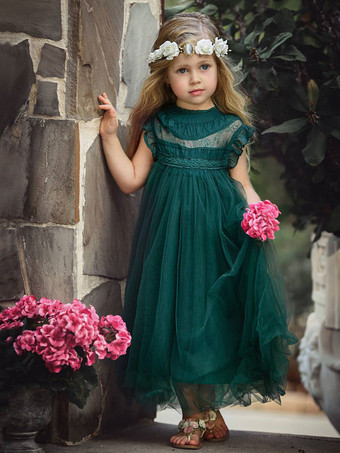 Vestido de niña de las flores Mezcla de algodón Corte diseñado Escote Sin mangas Marrón