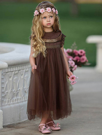 ブラウンフラワーガールドレスコットンブレンドカットアウトデザインネックラインノースリーブブラウン