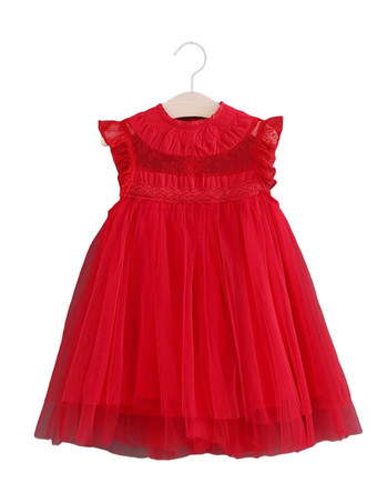 レッド フラワーガールドレスコットンブレンドカットアウトデザインネックラインノースリーブブラウン