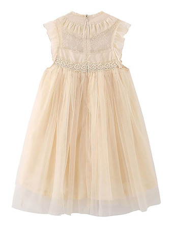 フラワーガールドレスコットンブレンドカットアウトデザインネックラインノースリーブブラウン