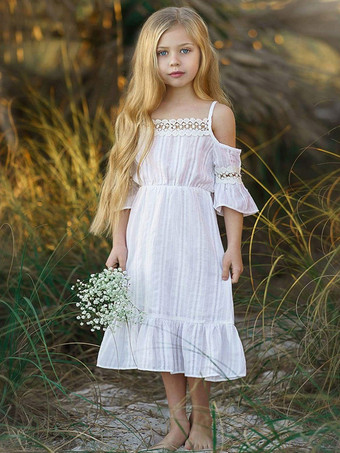 Vestido de niña de las flores Poliéster Corte diseñado Escote Mangas cortas Blanco