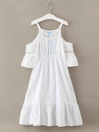 フラワーガールドレスポリエステルカットアウトデザインネックライン半袖ホワイト