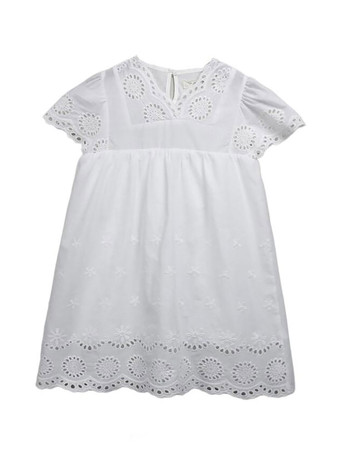 フラワーガールドレスポリエステルコットンカットアウトデザインネックライン半袖ホワイト