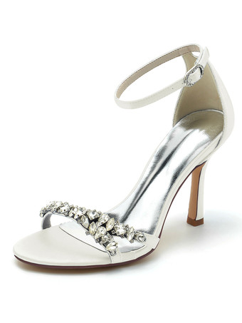 アイボリー 女性のブライダルシューズラインストーンサテンオープントゥスティレットヒールブライダルシューズ