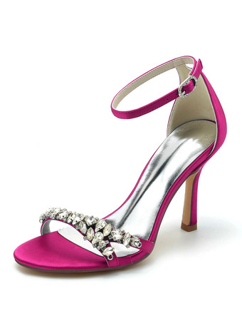 ローズレッド女性のブライダルシューズラインストーンサテンオープントゥスティレットヒールブライダルシューズ