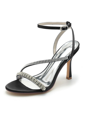 Black Women's Wedding Shoes Rhinestones Satin Open Toe Stiletto Heel Bridal Shoes