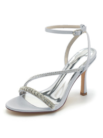 Silver Women's Wedding Shoes Rhinestones Satin Open Toe Stiletto Heel Bridal Shoes