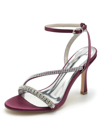 Burgundy Women's Wedding Shoes Rhinestones Satin Open Toe Stiletto Heel Bridal Shoes