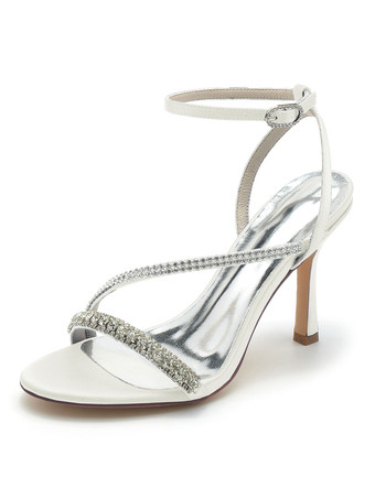 Ivory Women's Wedding Shoes Rhinestones Satin Open Toe Stiletto Heel Bridal Shoes