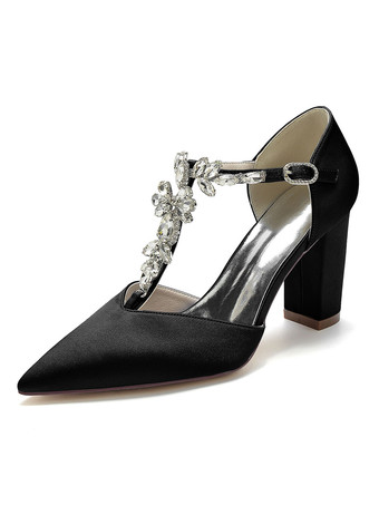 ブラック 女性の結婚式の靴ラインストーンサテン先のとがったつま先チャンキーヒールブライダルシューズ