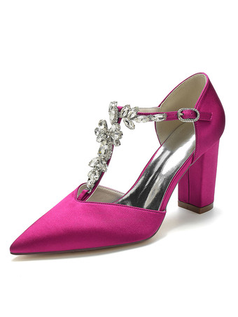 ローズレッド女性の結婚式の靴ラインストーンサテン先のとがったつま先チャンキーヒールブライダルシューズ