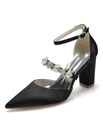 ブラック 女性の結婚式の靴ラインストーンサテン先のとがったつま先チャンキーヒールブライダルシューズ