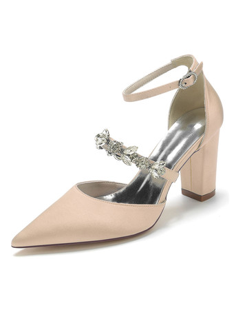 シャンパンカラー女性の結婚式の靴ラインストーンサテン先のとがったつま先チャンキーヒールブライダルシューズ