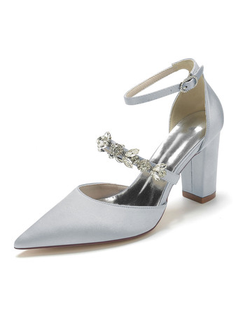 シルバー 女性の結婚式の靴ラインストーンサテン先のとがったつま先チャンキーヒールブライダルシューズ