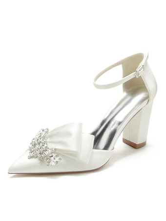 Sapatos de casamento femininos com strass bico fino de cetim sapatos de noiva de salto grosso