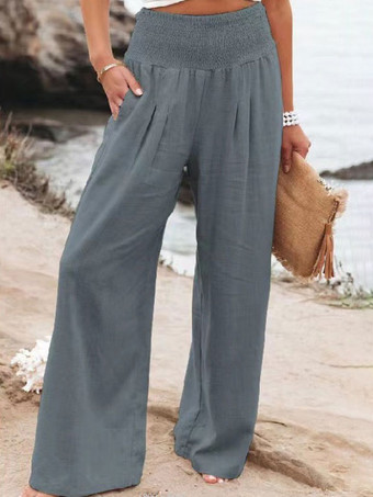 グレイカーキリネンパンツワイドレッグ弾性ウエストサマーパンツ