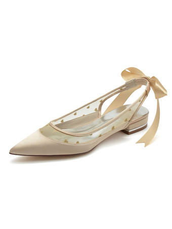 シャンパンカラー女性の結婚式の靴刺繡メッシュ先のとがったつま先の子犬のかかとのブライダルシューズ