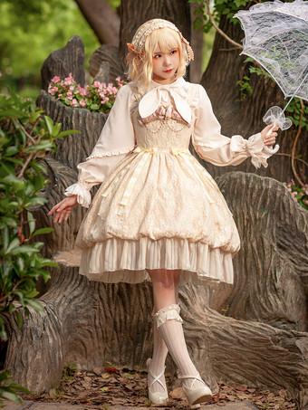 Gothic Lolita Dresses Ruffles Lace Light Apricot White Adjustable