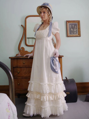 Ecru White Retro Costumes Lace Polyester Dress Marie Antoinette Empire Waist Dress Bridgerton Costume Women Vintage Shift Party Prom Dress