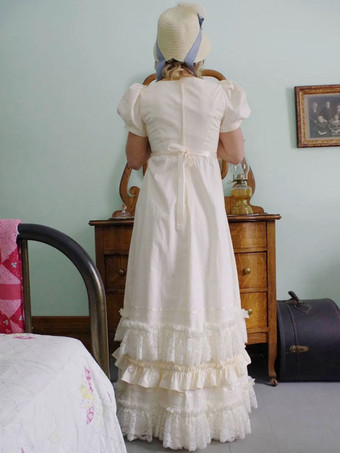 ベージュ ホワイト レトロ コスチューム レース ポリエステル ドレス マリー アントワネット エンパイア ウエスト ドレス ブリジャートン コスチューム 女性 ヴィンテージ シフト パーティー ウエディングドレス