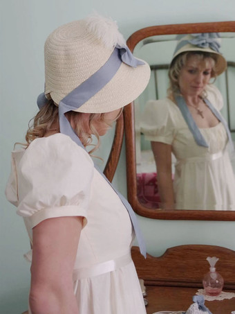 ベージュ ホワイト レトロ コスチューム レース ポリエステル ドレス マリー アントワネット エンパイア ウエスト ドレス ブリジャートン コスチューム 女性 ヴィンテージ シフト パーティー ウエディングドレス