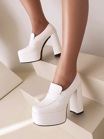 女性のハイヒールクラシックポンプ丸いつま先プラットフォーム分厚いヒールペニーローファー