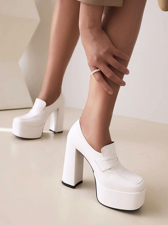 女性のハイヒールクラシックポンプ丸いつま先プラットフォーム分厚いヒールペニーローファー