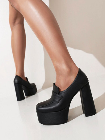 女性のハイヒールクラシックポンプ丸いつま先プラットフォーム分厚いヒールペニーローファー