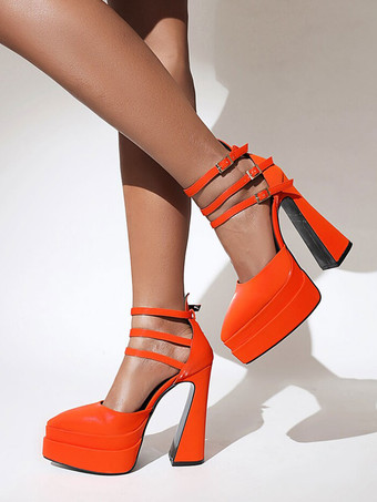 女性用ハイヒールポインテッドトゥプラットフォームチャンキーヒールパテントPUアンクルストラップパンプス