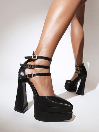 ブラック 女性用ハイヒールポインテッドトゥプラットフォームチャンキーヒールパテントPUアンクルストラップパンプス