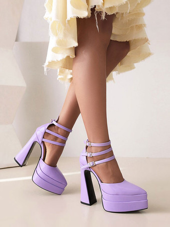 女性用ハイヒールポインテッドトゥプラットフォームチャンキーヒールパテントPUアンクルストラップパンプス