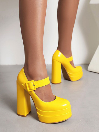 女性用ハイヒールプラットフォームチャンキーヒールPUレザーパンプス