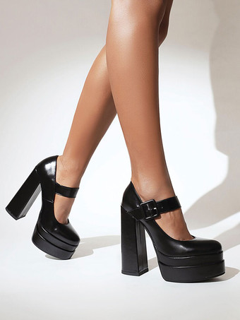 女性用ハイヒールプラットフォームチャンキーヒールPUレザーパンプス