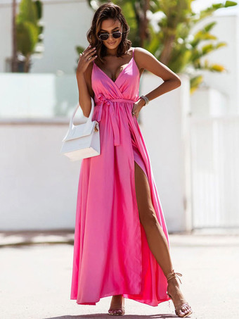 ローズレッドマキシドレスジュエルネックノースリーブポリエステルセクシーサッシュフロア丈ドレス