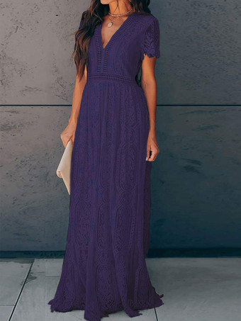 パープル Vネック マキシドレス 中空 半袖 カジュアル 夏 ロングドレス