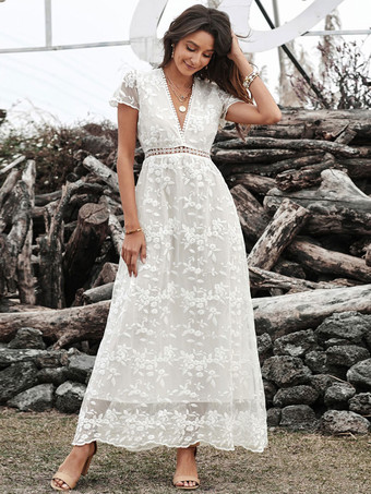 Vネック マキシドレス 半袖 カジュアル フロア丈ドレス