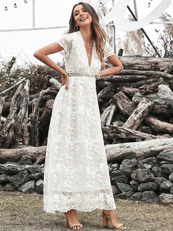 Vネック マキシドレス 半袖 カジュアル フロア丈ドレス