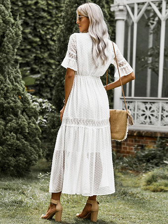 Vネックマキシワンピース半袖カジュアルレースフロア丈ワンピース