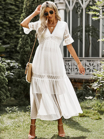 Vネックマキシワンピース半袖カジュアルレースフロア丈ワンピース