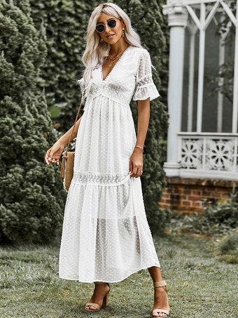 Vネックマキシワンピース半袖カジュアルレースフロア丈ワンピース