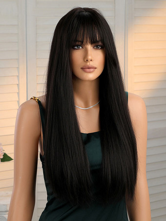 ブラック 女性用ロングウィッグブラックストレート耐熱ファイバーシックロング合成ウィッグ