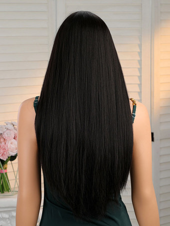 女性用ロングウィッグブラックストレート耐熱ファイバーシックロング合成ウィッグ