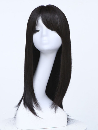 Medium Wigs Synthetic Wigs Women's Wigs Black Side-swept Bangs Heat-resistant Fiber Medium Women's Medium Wig