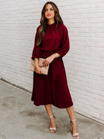 サッシポリエステルジュエルネック3/4レングススリーブミディドレス ワインレッド
