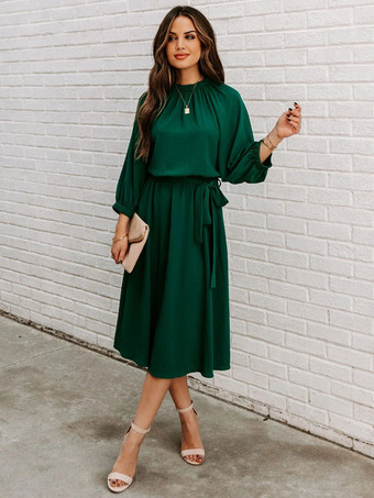 サッシポリエステルジュエルネック3/4レングススリーブミディドレス ワインレッド