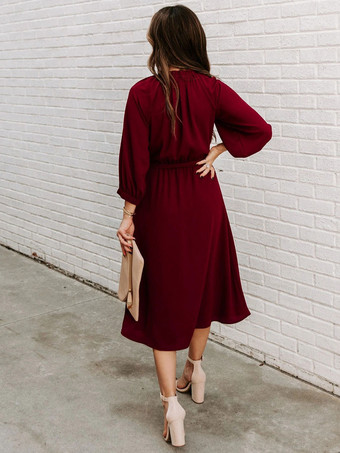 サッシポリエステルジュエルネック3/4レングススリーブミディドレス ワインレッド